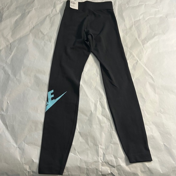 Nike Pants - Nike Womens Black Tight Fit High Rise Full Length Leggings XS‎ Light Blue Swoosh